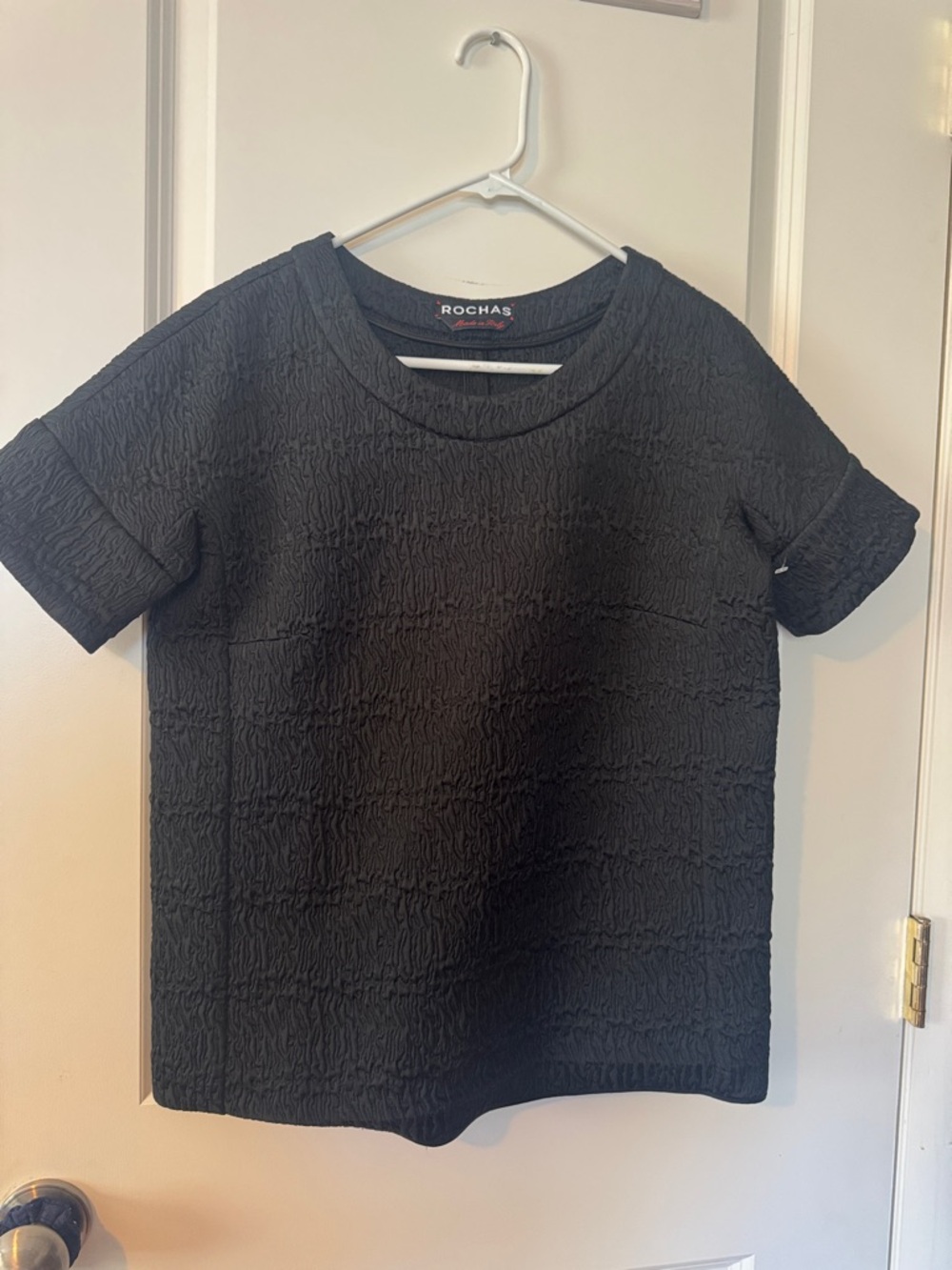 Rochas women’s black textured blouse made in Italy short sleeve crinkle cut 40